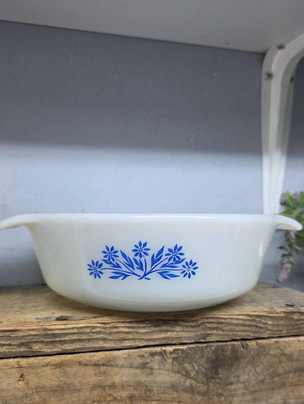 Vintage Anchor Hocking Fire King Milk Glass Casserole Dish Blue Corn Flower